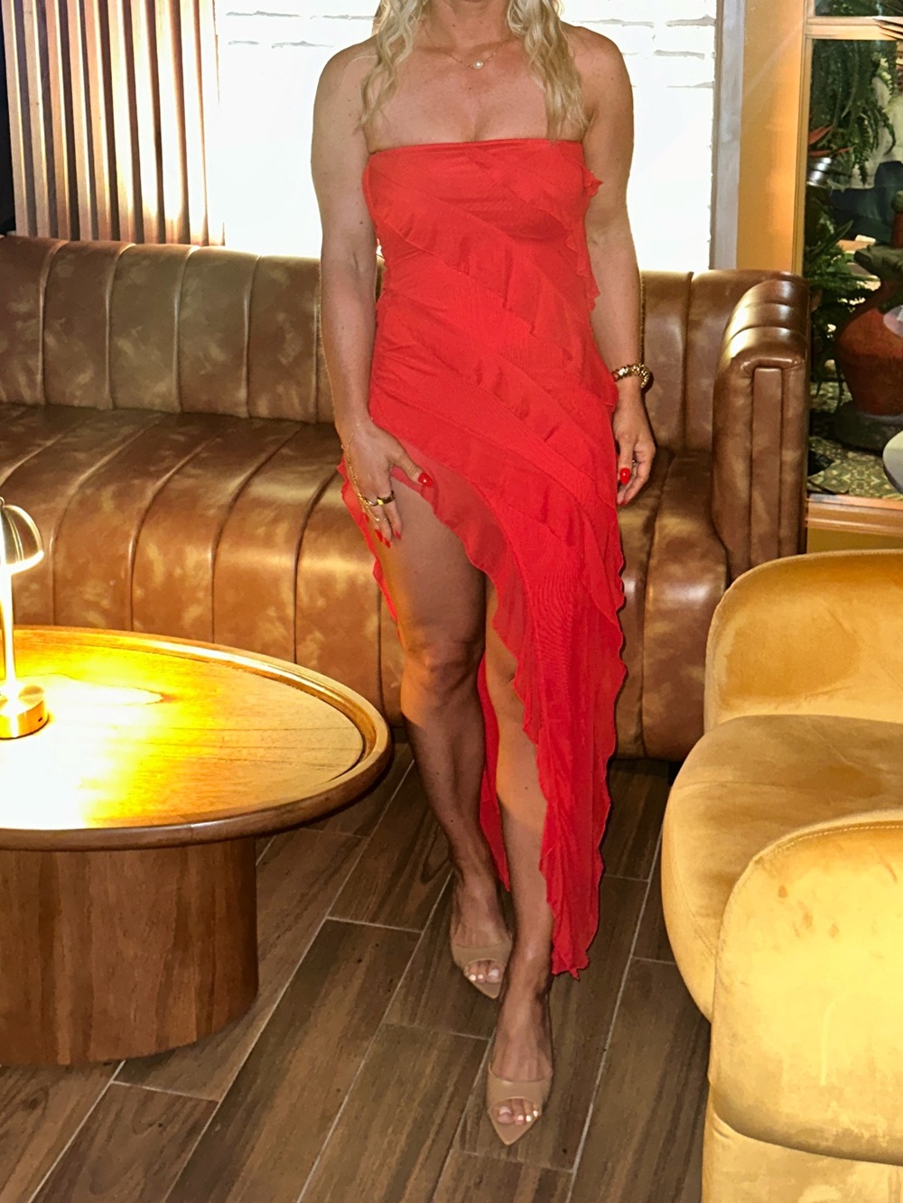Red Ruffled Strapless one leg open Women’s Dress